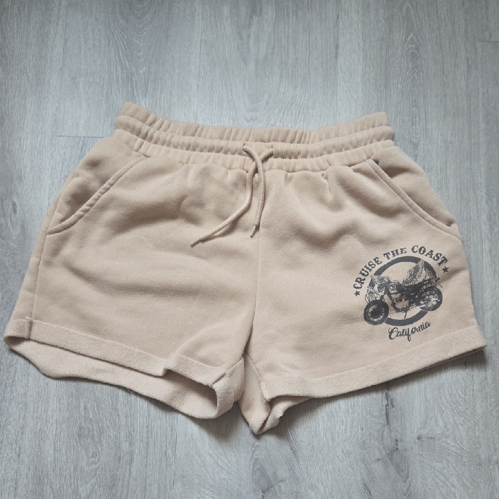 Comfy Tan Sweat Shorts Motorcycle Graphic